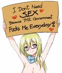  arms_up black-framed_eyewear blonde_hair breasts cleavage english glasses holding holding_sign large_breasts long_hair naked_scarf original out-of-frame_censoring pun red_eyes scarf semi-rimless_eyewear sign simple_background smile solo truth typo under-rim_eyewear white_background zaxwu 
