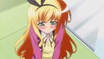  animated animated_gif blonde_hair blush bow female hug isurugi_mio lowres mm! outstretched_arms solo 