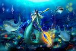  black_sclera breasts bubble center_opening headdress highres league_of_legends medium_breasts mermaid monster_girl nami_(league_of_legends) open_mouth orange_eyes polearm scales shark signature staff tail underwater water weapon x85219960 
