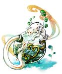  black_eyes bodypaint bottle eye_contact floating floating_object fuchi. in_bottle in_container looking_at_another magatama no_humans nuregami ookami_(game) ripples simple_background snake water water_drop white_background wolf 