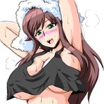  1girl akana_rui armpits arms_behind_head bit blush breasts brown_hair chousoku_henkei_gyrozetter erect_nipples female green_eyes hands_behind_head huge_breasts long_hair simple_background sketch solo towel underboob upper_body wet white_background 