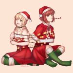  2girls ;d absurdres artist_name bare_arms bare_shoulders blonde_hair brown_hair capelet christmas christmas_lights commentary dress english_commentary fur-trimmed_capelet fur_trim green_eyes green_legwear hair_bobbles hair_ornament hat highres ibarazaki_emi katawa_shoujo kneehighs limach-an long_hair looking_at_viewer low_twintails mouth_hold multiple_girls no_shoes one_eye_closed open_mouth party_whistle pom_pom_(clothes) red_capelet red_dress santa_costume santa_hat short_hair simple_background sitting smile strapless strapless_dress striped striped_legwear tezuka_rin thighhighs twintails 
