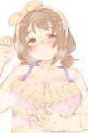  1girl 7010 blush breasts brown_eyes brown_hair cleavage collarbone flower hair_flower hair_ornament idolmaster idolmaster_cinderella_girls large_breasts looking_at_viewer low_twintails mimura_kanako short_hair short_twintails simple_background sketch solo sweat towel towel_on_head twintails upper_body white_background 