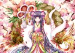  bad_id bad_pixiv_id bell blush branch cherry_blossoms flower hair_ornament japanese_clothes jewelry kimono original purple_eyes purple_hair red_eyes rope shimenawa smile snake wataame27 