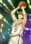  basketball basketball_uniform glasses green_eyes green_hair kagalin kuroko_no_basuke male_focus midorima_shintarou signature solo sportswear 