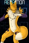  anthro black_background black_sclera blue_eyes canine chest_tuft digimon digital_background female fidchell fiidchell fox fur gloves mammal mane markings navel nude plain_background renamon solo tuft 