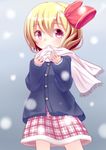  absurdres alternate_costume biting biting_clothes blonde_hair blue_background blush choko_(mixberry_parfait) coat fang fur_trim hair_ribbon highres looking_at_viewer plaid plaid_skirt red_eyes ribbon rumia scarf short_hair simple_background skirt snow solo touhou 