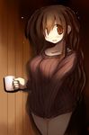  1girl bare_legs blush bottomless breasts brown_eyes brown_hair covering cup darkness embarrassed indoors long_hair looking_at_viewer open_mouth original sakaki_(noi-gren) solo standing sweatdrop sweater 