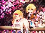  blonde_hair flower green_eyes highres horn hoshiguma_yuugi mizuhashi_parsee multiple_girls sitting suzune_hapinesu touhou yellow_eyes 