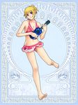  barefoot bikini bikini_skirt blonde_hair blue_eyes breasts christine_gibson cleavage instrument large_breasts looking_at_viewer navel short_hair silver_rain smile solo swimsuit ukulele 