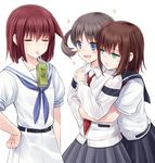  angry black_hair blue_eyes blush box cardigan closed_eyes drinking_straw green_eyes grey_skirt hanada_kirame hug hug_from_behind long_sleeves miyanaga_teru multiple_girls necktie onjouji_toki red_hair red_neckwear saki saki_achiga-hen school_uniform senriyama_school_uniform serafuku shindouji_school_uniform shiraitodai_school_uniform short_hair short_twintails skirt smile suzushiro_yukari sweatdrop twintails white_skirt yuri 