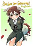  animal_ears blush bouquet brown_eyes brown_hair flower german gertrud_barkhorn long_hair military military_uniform niina_ryou panties petals ribbon smile solo sonozaki_mie strike_witches tail translated underwear uniform world_witches_series 