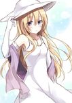  blush dress elbow_gloves gloves hand_on_headwear hat long_hair looking_at_viewer marie_(seihou) seihou smile solo sun_hat sundress toosaka_asagi white_dress 