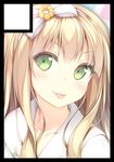  :p azuki_azusa black_border blonde_hair blush border bow circle_cut face green_eyes hair_bow hentai_ouji_to_warawanai_neko. luna_lia school_uniform smile solo tongue tongue_out 