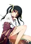  :d absurdres ascot black_hair dress highres huge_filesize kikuchi_seiji legs long_legs looking_at_viewer mayo_chiki! open_mouth red_eyes scan sitting smile solo source_request suzutsuki_kanade two_side_up 