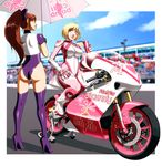  ahoge ai_candy ass blonde_hair blue_eyes bob_cut bodysuit boots bow breasts brown_eyes brown_hair daniel_macgregor facial_tattoo gloves ground_vehicle hair_bow headwear_removed helmet helmet_removed high_heels large_breasts leotard long_hair motor_vehicle motorcycle multiple_girls on_motorcycle original ponytail race_queen racing_suit shoes short_hair tattoo thigh_boots thighhighs 