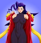  bodysuit breasts dress highres large_breasts makani_kohitujito nipples pubic_hair purple_eyes purple_hair rose_(street_fighter) scarf see-through solo street_fighter undressing 