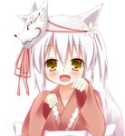  :d animal_ears blonde_hair blush esureki flower fox_ears fox_mask fox_tail hair_ornament irotoridori_no_sekai japanese_clothes kimono mask open_mouth paw_pose ren_(irotoridori_no_sekai) simple_background smile solo tail white_background white_hair 