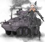  android armored_fighting_vehicle armored_vehicle bad_id bad_pixiv_id bodysuit cable colored_tongue copyright_request ground_vehicle gun mecha_musume military military_vehicle muscle red_eyes sigama silver_hair smoke solo stryker tongue weapon white_hair 