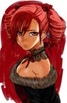  amy_sorel ashiomi_masato bare_shoulders breasts choker cleavage drill_hair fur_trim gothic_lolita lace large_breasts lolita_fashion red red_eyes red_hair short_twintails solo soulcalibur soulcalibur_iv twintails upper_body 
