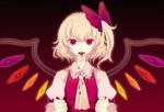  banned_artist blonde_hair blood bow fangs flandre_scarlet hair_ribbon harano red_eyes ribbon short_hair side_ponytail solo tongue touhou wings 