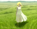  blonde_hair closed_eyes copyright_request dress grass green landscape mizu_asato nature scenery see-through smile solo white_dress 