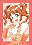  brown_hair cute_&amp;_girly_(idolmaster) green_eyes idolmaster idolmaster_(classic) idolmaster_1 mash_(masurawo) open_mouth pointing solo takatsuki_yayoi twintails 