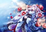  afloat bad_id bad_pixiv_id closed_eyes flower hair_flower hair_ornament japanese_clothes lantern long_hair lying miyabi_akino original purple_hair solo water 