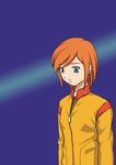  blue_background blue_eyes bob_cut expressionless jacket looking_down luna_(mujin_wakusei_survive) mandarin_collar mujin_wakusei_survive non-web_source red_hair short_hair solo upper_body yellow_jacket zipper 