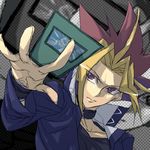  domino_high_school_uniform gakuran honmaguro_(ran) lowres male_focus monster_reborn mutou_yuugi school_uniform solo yami_yuugi yuu-gi-ou yuu-gi-ou_duel_monsters 