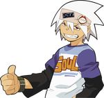  artist_request bracelet buckle clenched_teeth clothes_writing highres jewelry long_sleeves male_focus red_eyes shirt solo soul_eater soul_eater_(character) t-shirt teeth thumbs_up transparent_background upper_body white_hair 