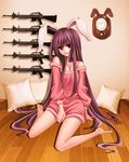  analog_clock animal_ears ar-10 bad_feet bad_id bad_pixiv_id banned_artist bare_shoulders barefoot battle_rifle bunny_ears clock gun highres legs long_hair pillow purple_hair red_eyes reisen_udongein_inaba rifle sitting solo touhou very_long_hair wall_clock wariza weapon wooden_floor yuuka_nonoko 