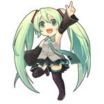  chibi detached_sleeves green_eyes green_hair hatsune_miku long_hair lowres necktie sazame skirt solo thighhighs twintails very_long_hair vocaloid 