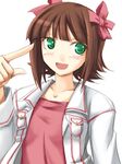  :d amami_haruka bangs blunt_bangs blush brown_hair collarbone green_eyes hair_ribbon idolmaster idolmaster_(classic) idolmaster_1 index_finger_raised jacket long_sleeves looking_at_viewer open_clothes open_jacket open_mouth pocket red_ribbon ribbon ribi shirt short_hair smile solo t-shirt 