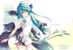  aqua_hair bangs bare_shoulders black_panties black_ribbon black_wings copyright_request cowboy_shot dress eyebrows_visible_through_hair fur-trimmed_legwear fur_scarf fur_trim green_hair green_ribbon hair_between_eyes hair_ribbon head_wings highres hip_vent hirano_katsuyuki long_hair looking_at_viewer low-tied_long_hair panties parted_lips ribbon scarf side-tie_panties skin_tight solo strapless strapless_dress string thighhighs underwear white_background white_dress white_scarf wings yellow_eyes 