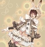  animal_ears boots bow brown_hair bunny_ears gloves hair_ornament hairpin happy hood hoodie midriff noja original piano_print short_hair skirt smile solo 