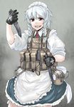  bad_id bad_pixiv_id braid gloves grin izayoi_sakuya knife load_bearing_vest maid military military_operator red_eyes sigama silver_hair sleeves_rolled_up smile solo touhou twin_braids vest 