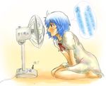  artist_request ayanami_rei between_thighs blue_hair dress electric_fan fan_speaking fanning_face fanning_self neon_genesis_evangelion red_eyes short_hair sitting sketch solo v_arms wariza 