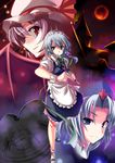  aida_takanobu bat_wings blue_eyes bow braid clock hair_ribbon hat hat_ribbon izayoi_sakuya knife maid moon multiple_girls purple_hair red_eyes red_moon remilia_scarlet ribbon short_hair silver_hair touhou twin_braids wings yagokoro_eirin 