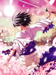  black_hair closed_eyes fukurou japanese_clothes kara_no_kyoukai kimono petals ryougi_shiki short_hair solo sword weapon 