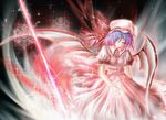  bat_wings blue_hair hat hat_ribbon highres magic_circle remilia_scarlet ribbon saber_01 solo touhou wings 