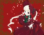  bangs blonde_hair bonnet dress flower kantaro long_hair looking_at_viewer open_mouth outstretched_hand red red_dress rose rozen_maiden shinku simple_background solo 
