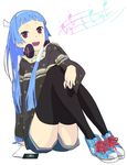  aihara_shouta bangs black_legwear blue_hair blunt_bangs denim denim_shorts digital_media_player hairband headphones headphones_around_neck ipod kannagi legs long_hair nagi open_mouth purple_eyes shoes shorts sitting sneakers solo thighhighs 