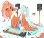  aqua_hair fish goldfish hatsune_miku instrument koto_(instrument) long_hair open_clothes sitting solo speaker tansuke twintails vocaloid 