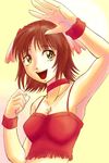  :d amami_haruka armpits bracelet breasts brown_hair camisole choker cleavage cool_&amp;_sexy_(idolmaster) fighting_stance green_eyes idolmaster idolmaster_(classic) idolmaster_1 jewelry looking_at_viewer mash_(masurawo) medium_breasts necklace open_mouth short_hair smile solo upper_body 