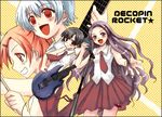  bass_guitar dekopin_rocket drumsticks electric_guitar guitar instrument izumi_ako kakizaki_misa kugimiya_madoka long_hair mahou_sensei_negima! microphone multiple_girls necktie orange_hair pants purple_hair red_eyes shiina_sakurako shirt short_hair silver_hair skirt sleeveless sleeveless_shirt 