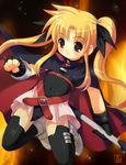  akiba_hideki belt blonde_hair cape child fate_testarossa fingerless_gloves gloves long_hair lyrical_nanoha mahou_shoujo_lyrical_nanoha red_eyes solo thighhighs twintails 