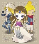  androgynous artist_request bandages blonde_hair blue_eyes braid brown_hair chibi elbow_gloves gloves long_hair mask multiple_girls multiple_persona neckerchief one_eye_closed pointy_ears princess_zelda reverse_trap sheik surcoat tetra the_legend_of_zelda the_legend_of_zelda:_ocarina_of_time the_legend_of_zelda:_the_wind_waker the_legend_of_zelda:_twilight_princess tiara 