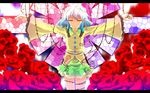  closed_eyes crucifixion flower komeiji_koishi mosaic nanamomo_rio no_hat no_headwear outstretched_arms plant rose silver_hair skirt solo spread_arms thorns touhou vines wide_sleeves 