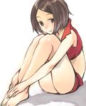  ass bad_id bad_pixiv_id bangs bare_shoulders barefoot brown_eyes brown_hair closed_mouth cropped_vest full_body gk knees_on_chest knees_up leg_hug legs_together looking_at_viewer meiko red_shorts red_vest short_hair short_shorts shorts simple_background sketch smile solo swept_bangs tareme vest vocaloid white_background 
